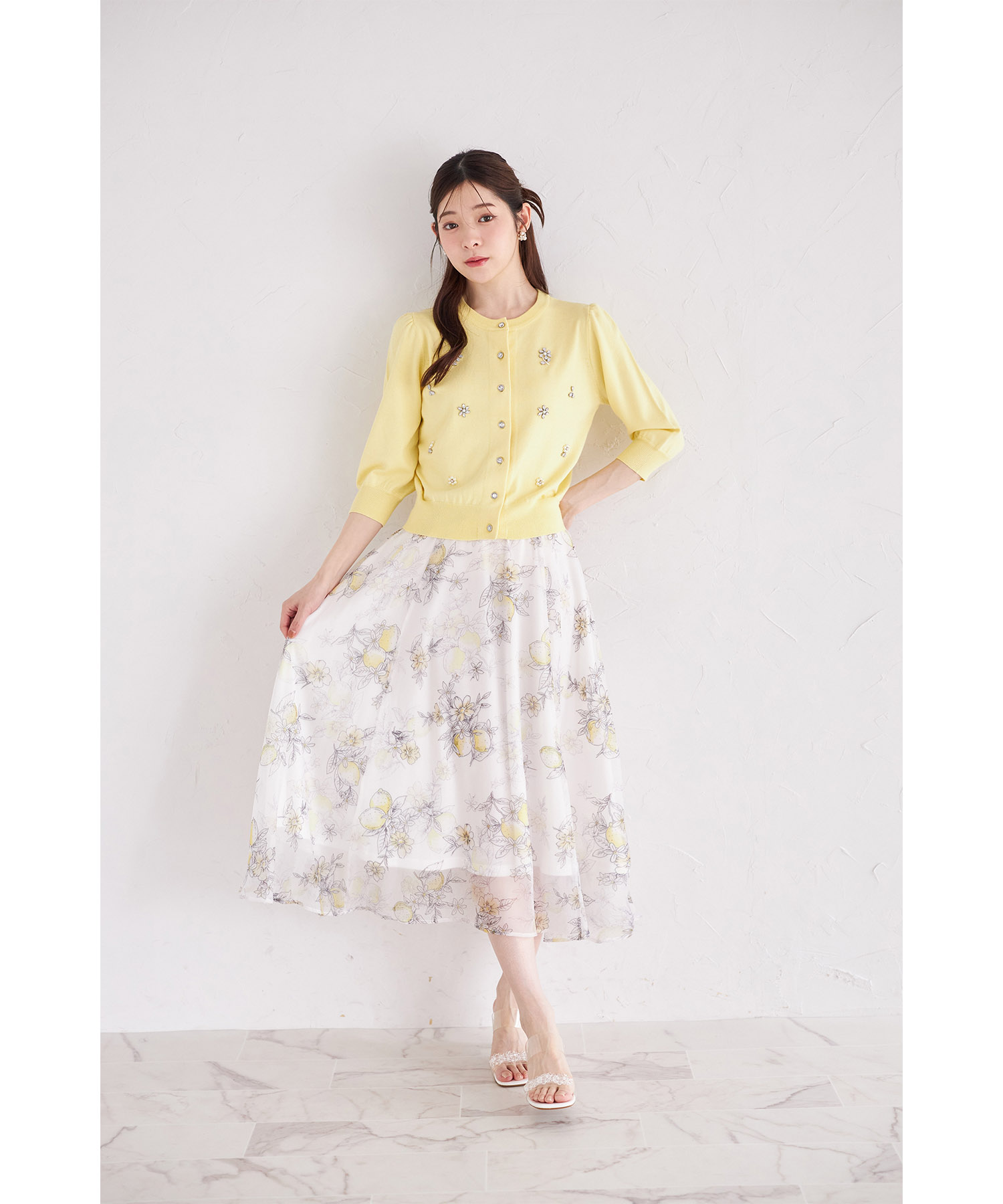 3WAYリボン付きレモンプリントシアーフレアスカート