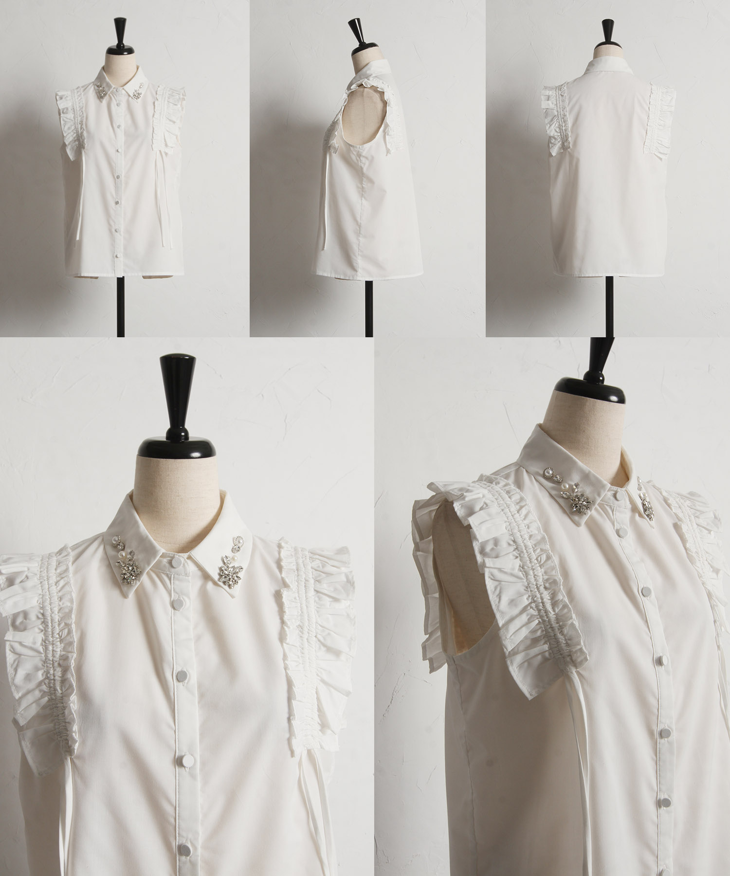 ビジュー付きサイドフリル&リボンブラウス