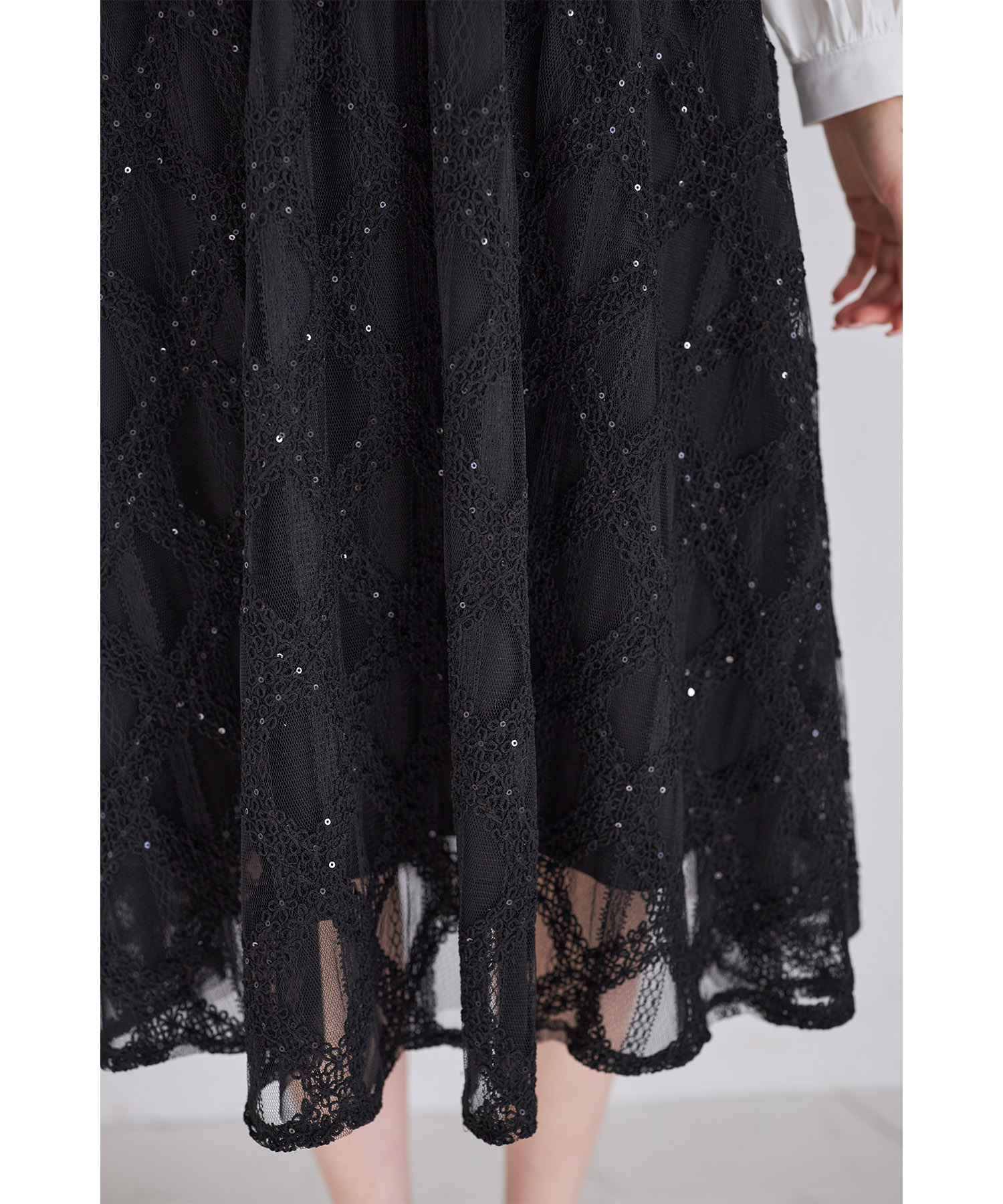 バックレースアップフラワーレースチュールフレアスカート