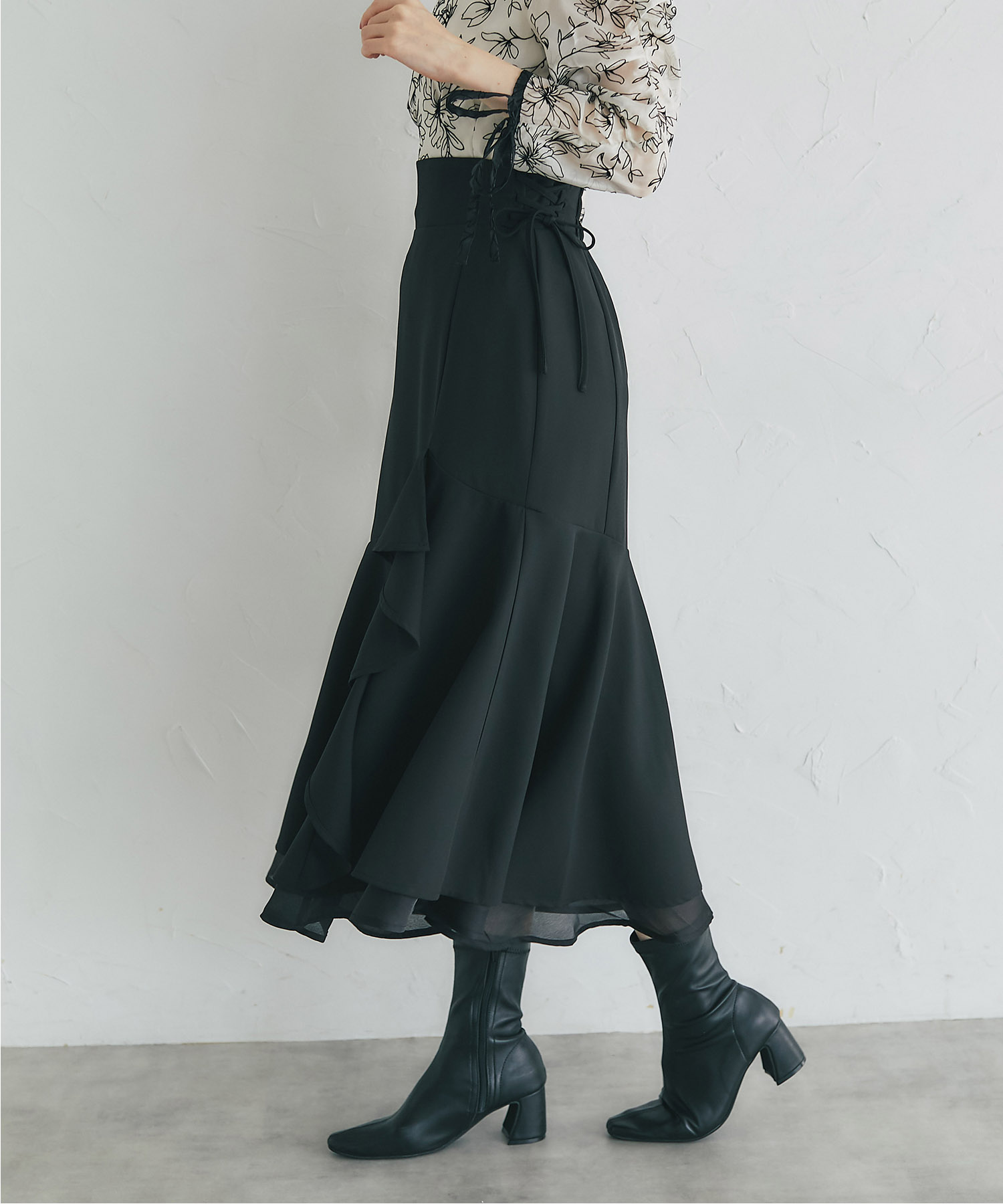 サイドレースアップアシメラッフルフリルスカート