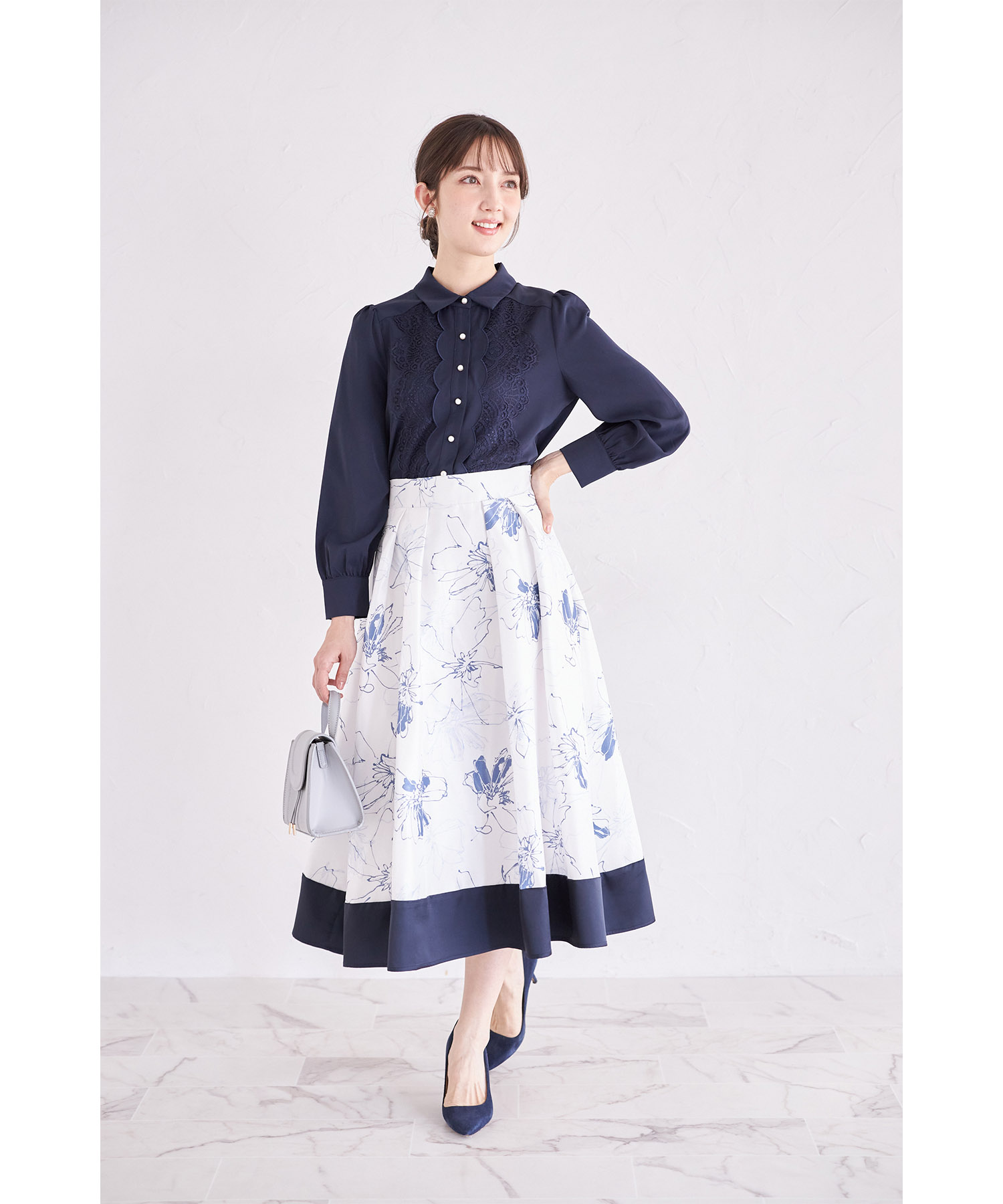 配色フラワープリントフレアスカート