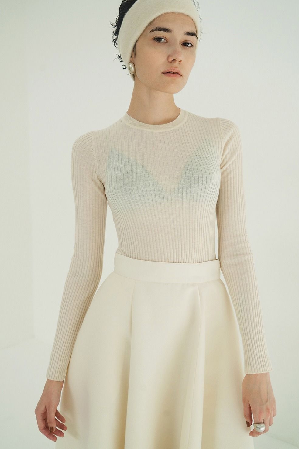 CLANE - シアーリブニットカットソー | SHEER RIB KNIT TOPS (GREY