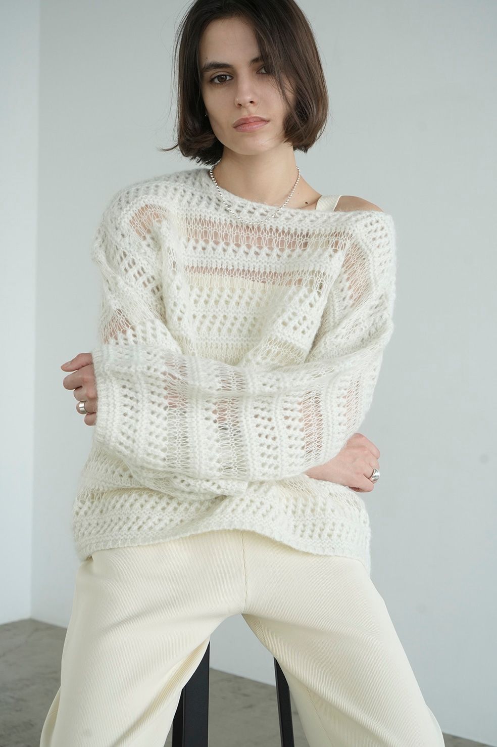 CLANE - ボーダーニットトップス- SHEER BORDER MOHAIR KNIT - IVORY