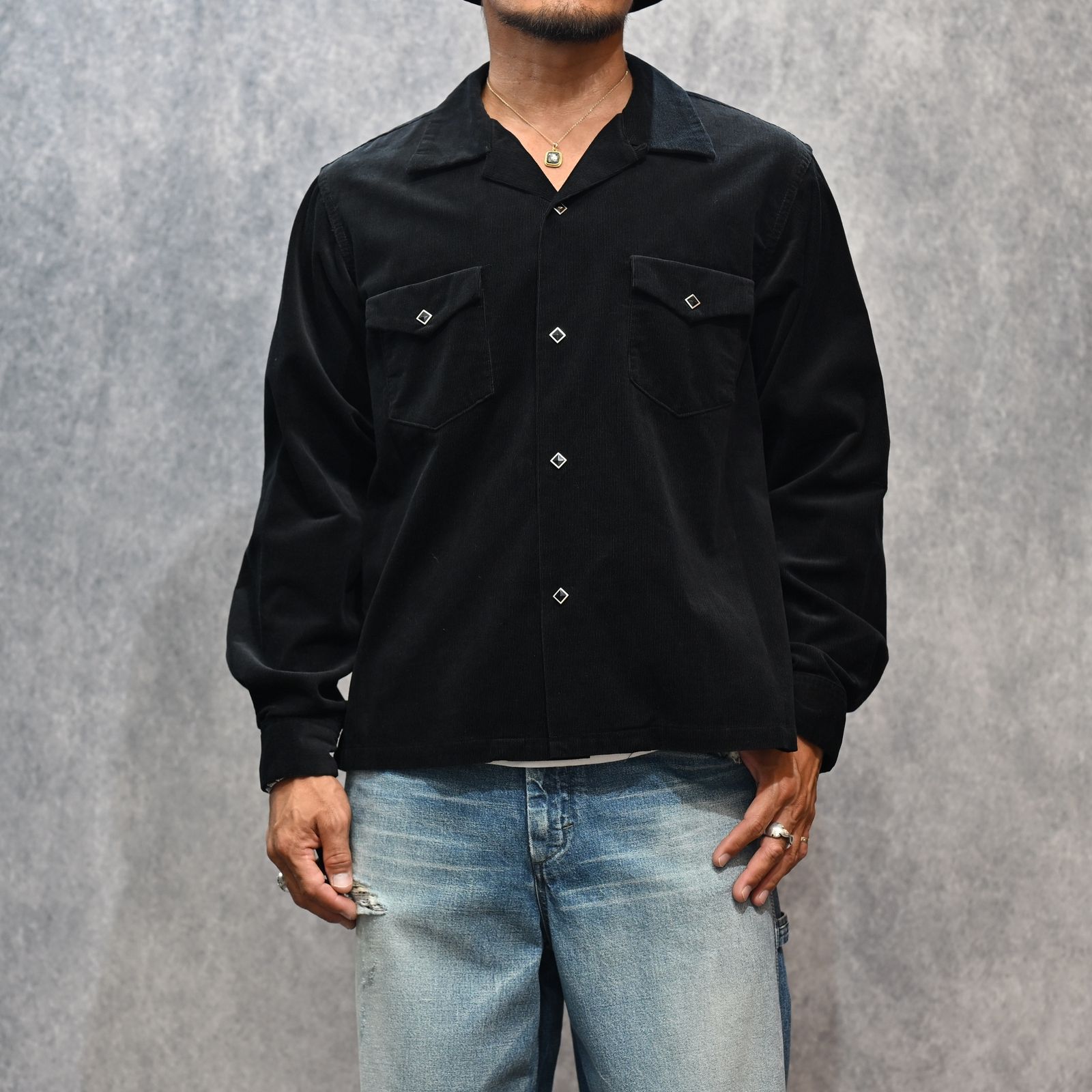 MINEDENIM - Narrow Corduroy Western Open Collar SH （BLK