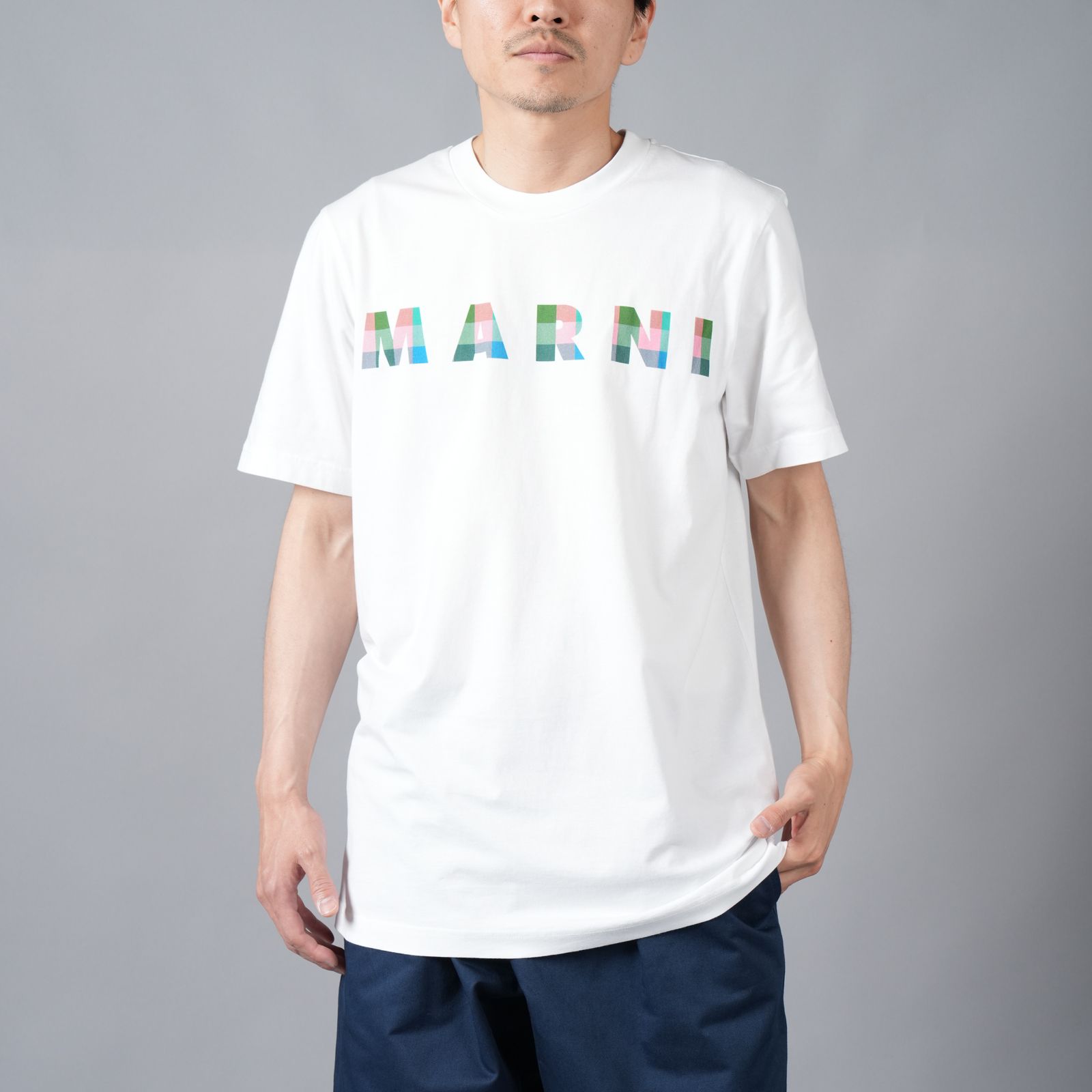 MARNI - ホワイト ギンガムマルニロゴ入り コットン製Tシャツ