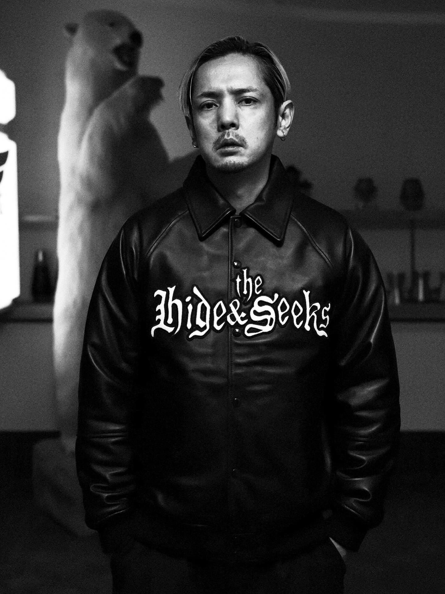 HIDE AND SEEK × Toru Nishiura / Leather Varsity Jacket(BLACK/WHITE