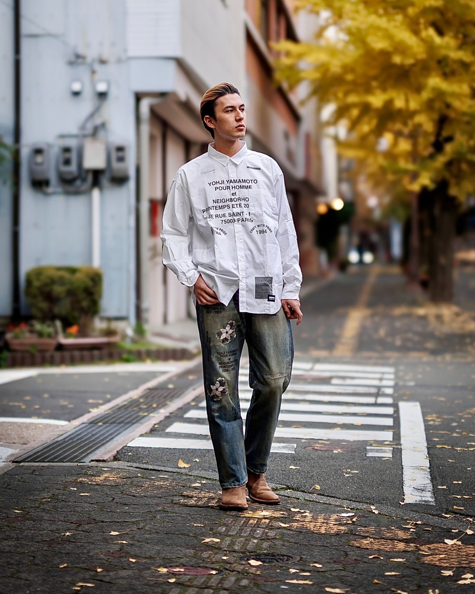 yohji yamamoto x NEIGHBORHOOD PRINT SHIRT LS (WHITE)スタイル