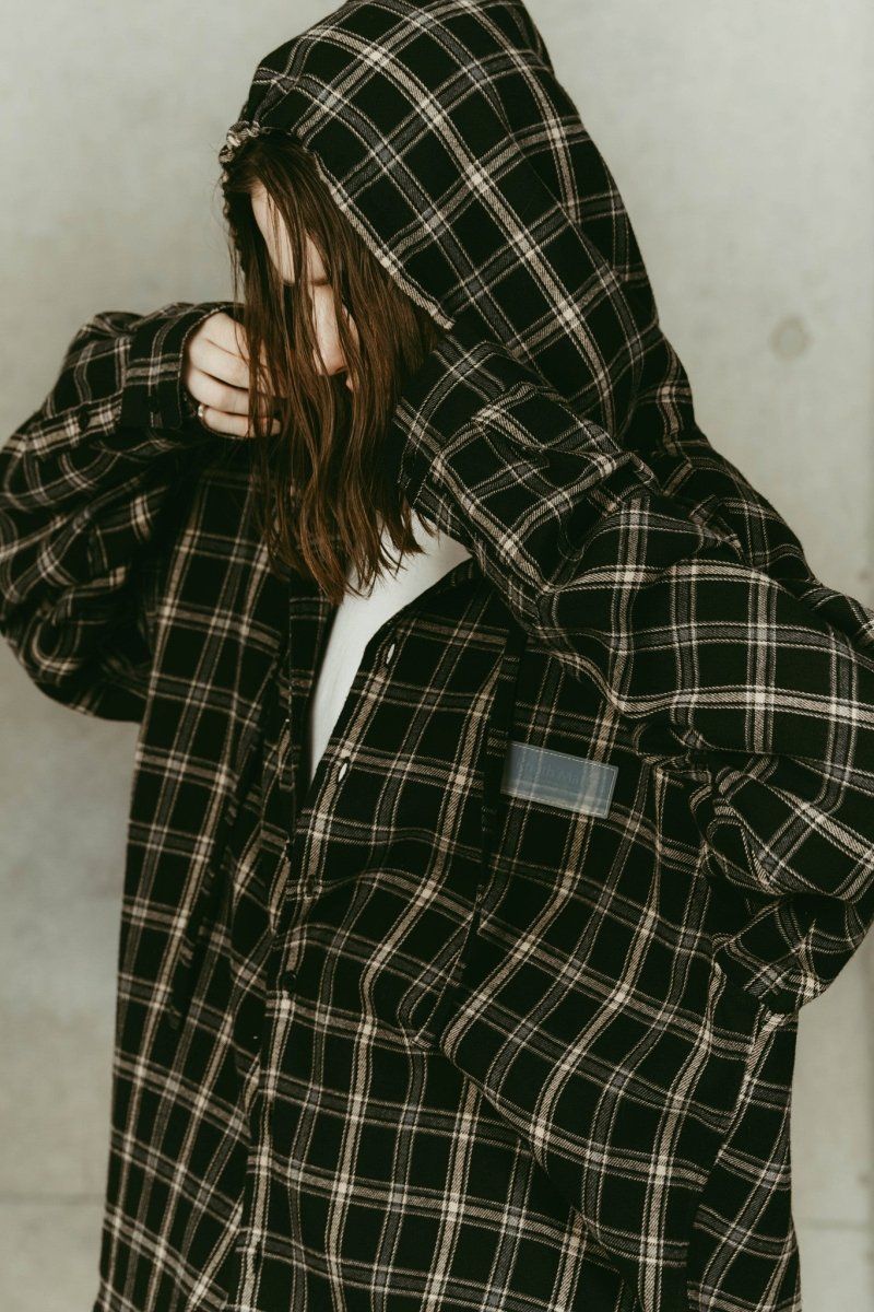 Knuth Marf - hooded over shirts(unisex) (Check black) / オーバー