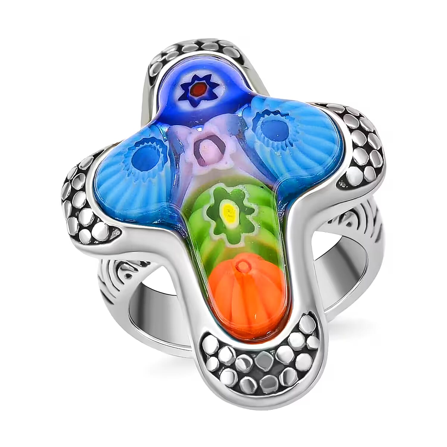 Buy Multi Color Murano Style Cross Ring in Black Oxidized