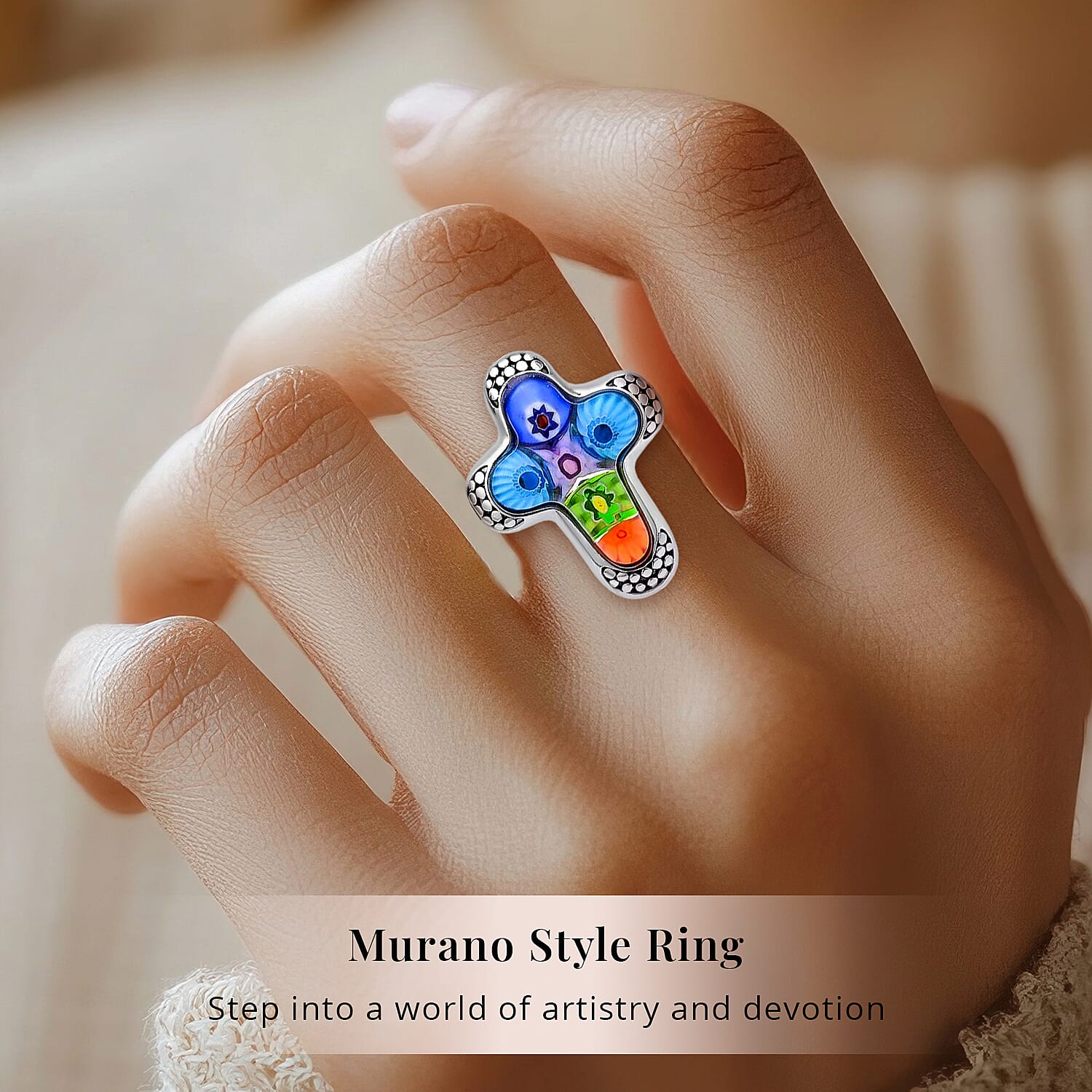 Buy Multi Color Murano Style Cross Ring in Black Oxidized