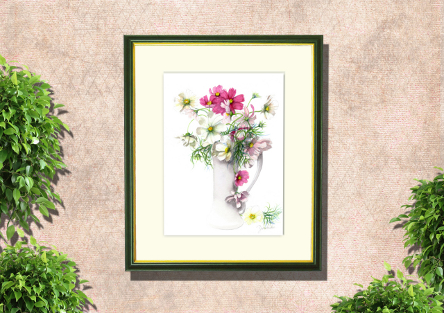 志村好子「コスモス」水彩画（絵寸241×333・額寸377×454mm）