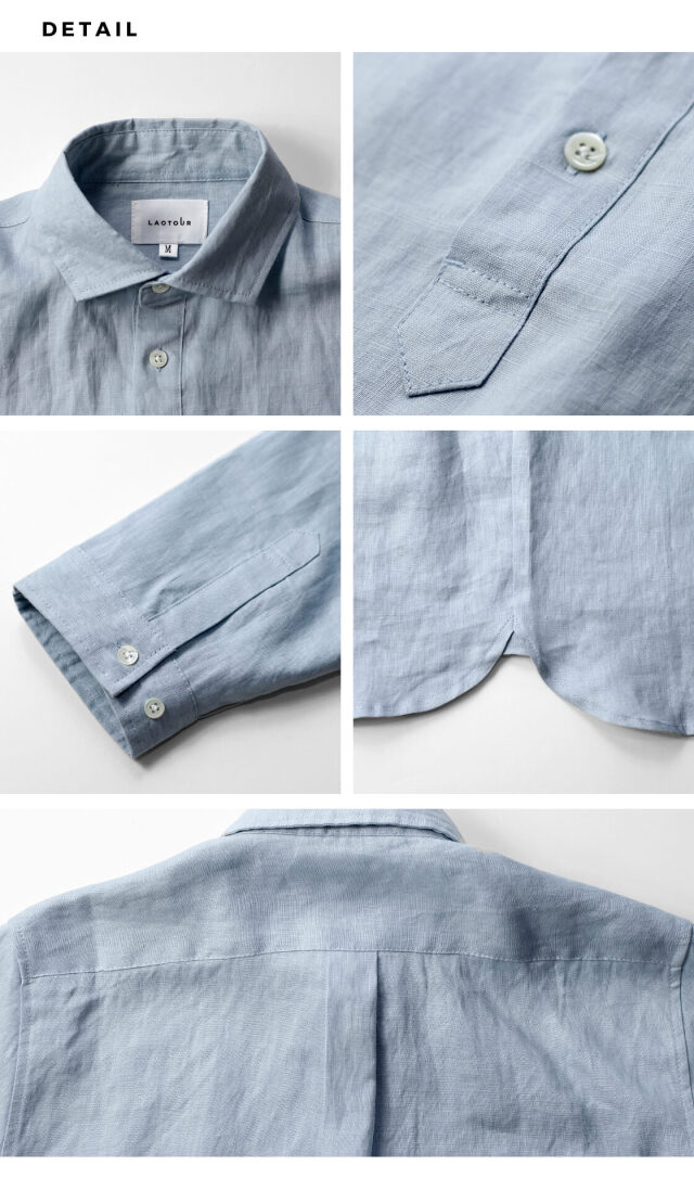 LAOTOUR 麻100％ フレンチリネン プルオーバーシャツ ワイドカラー