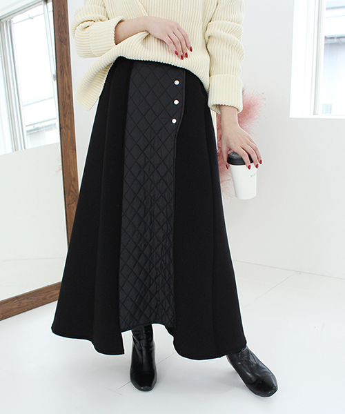 SALE】キルティング切替フレアロングスカート/2カラー