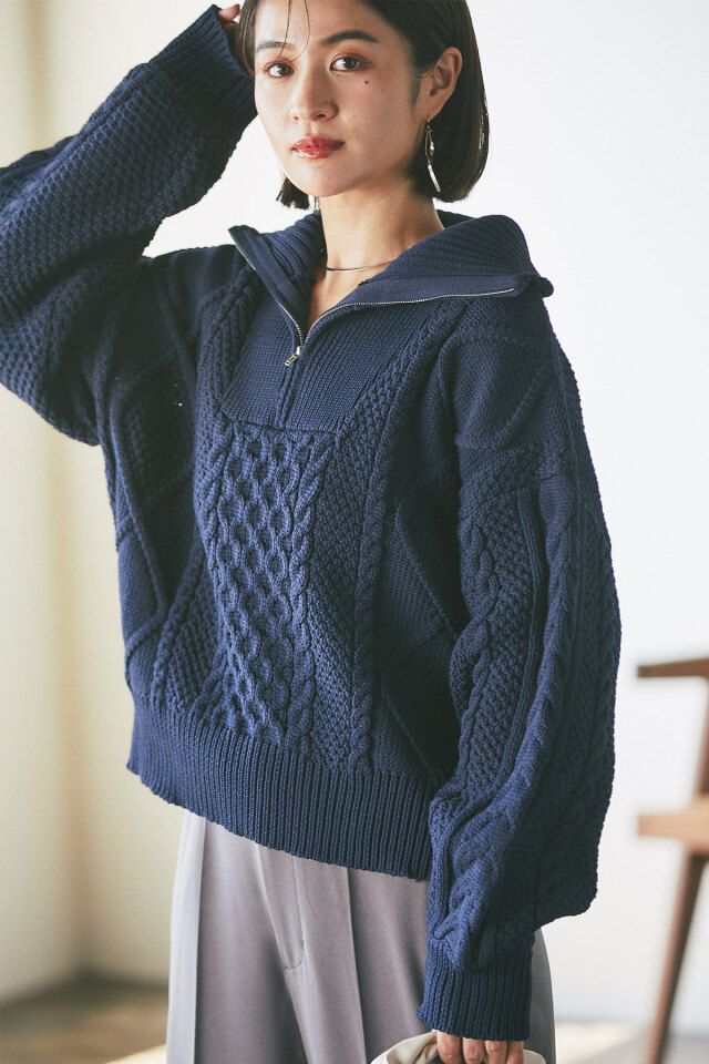 ハーフジップアラン柄ニット