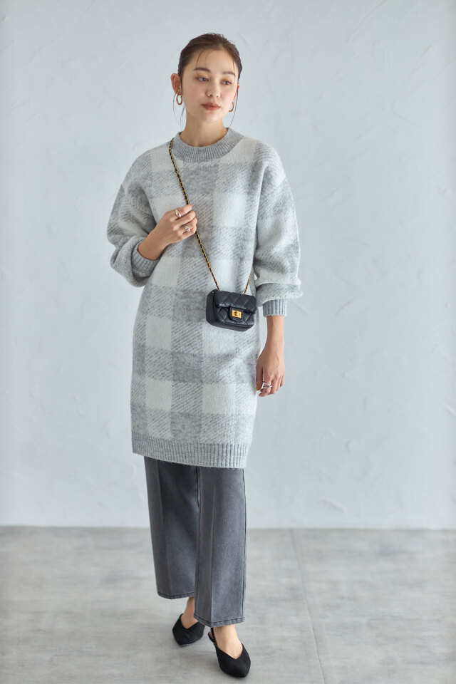 ブロックチェック起毛ニットワンピ