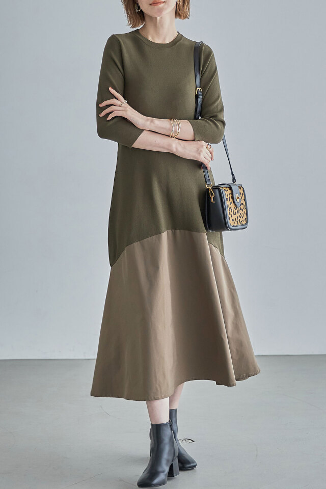 Takakoさん着用】タフタ切替ニットドッキングワンピース