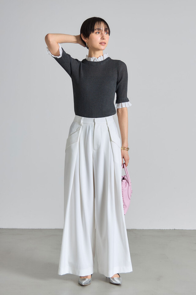 フラップ付きタックワイドパンツ