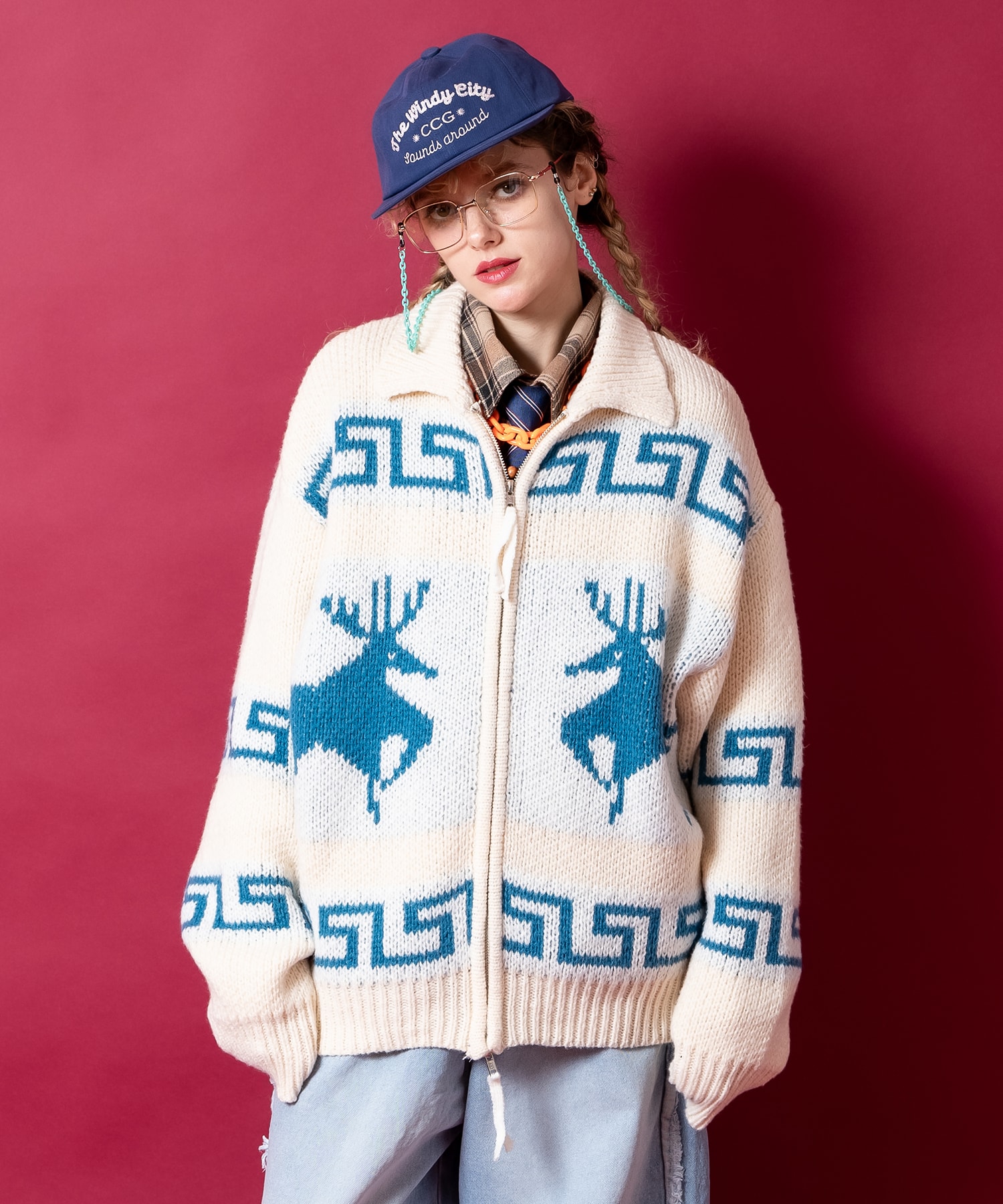 ノルディックトナカイ柄カウチンニットジップアップセーター / ユニ