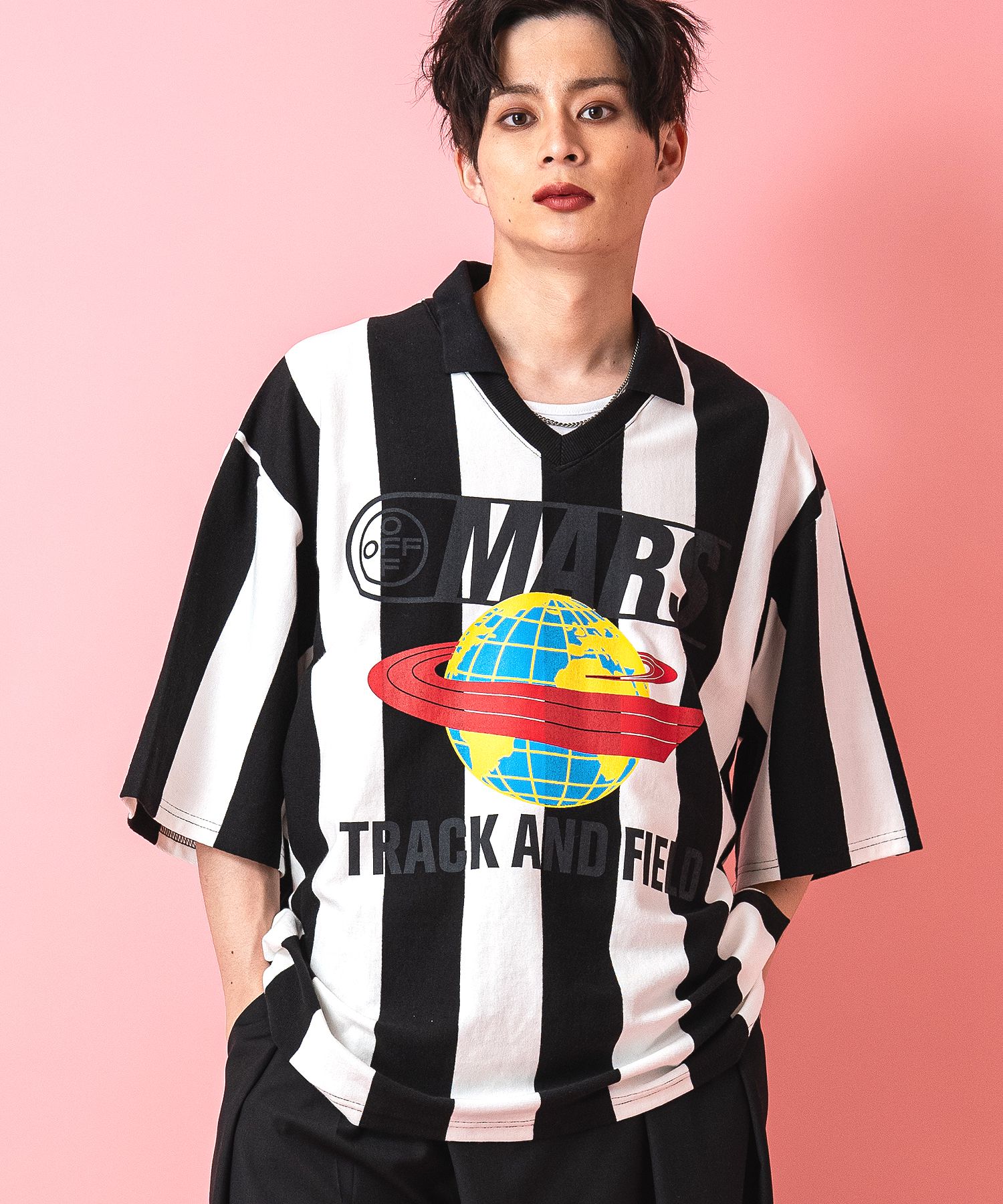 グラフィックストライプ柄サッカーシャツ / メンズ レディース