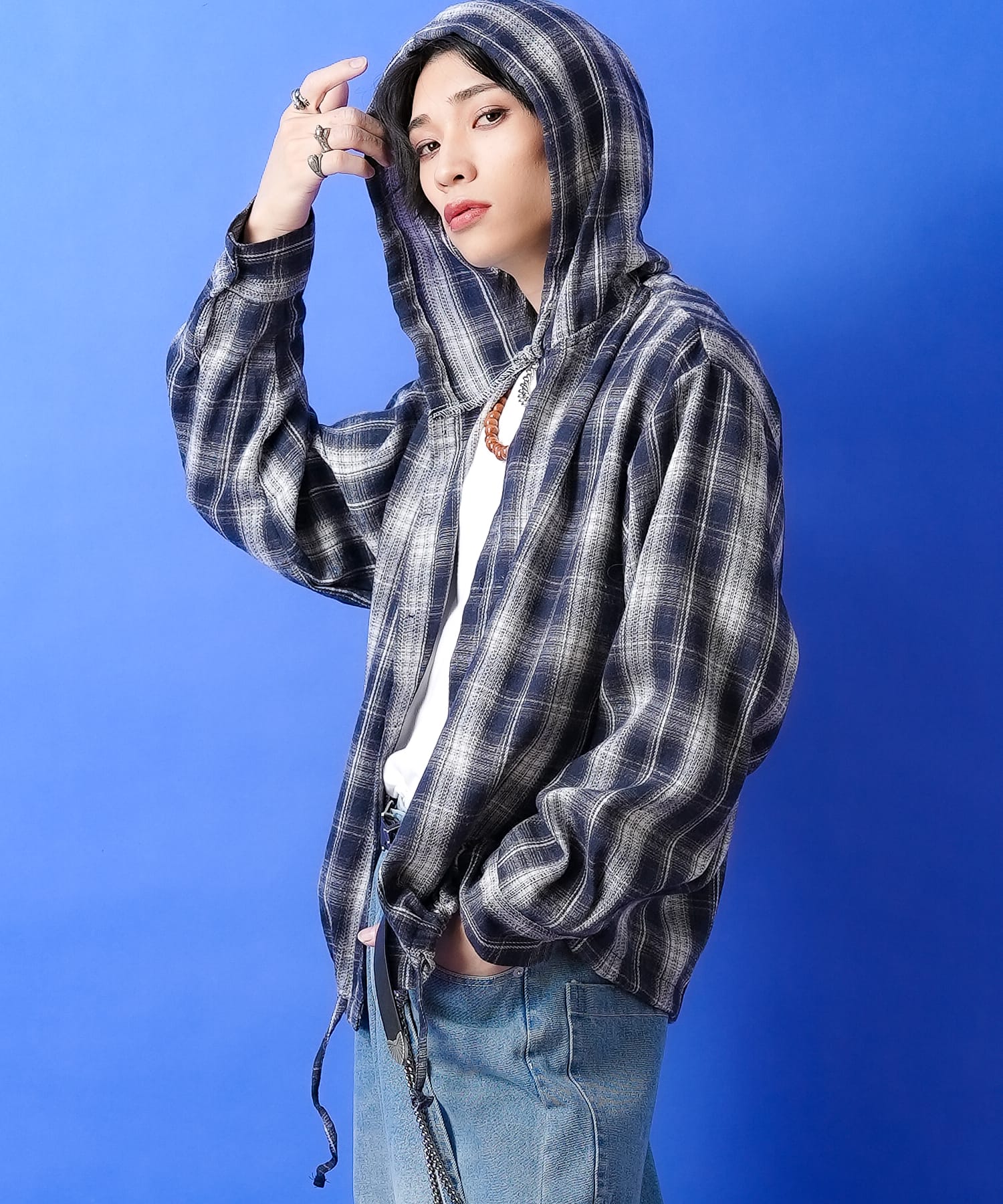 チェック柄クロップ丈ドフードネルシャツ / メンズ レディース ユニ