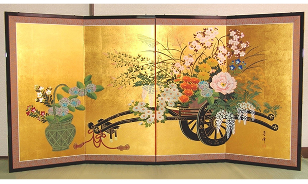 金屏風 花車 富永寿峰作｜肉筆手書き屏風
