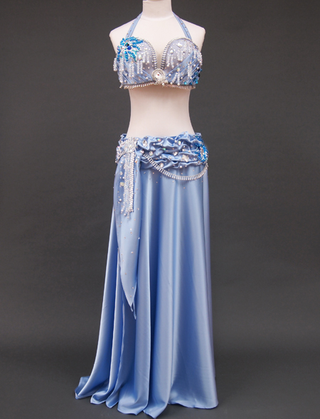 ベリーダンス衣装】清楚なブルーがドラマティック！光沢が魅力の水色の