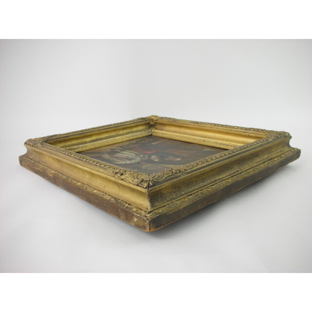 アンティーク 絵画】19世紀 英国 油絵 風俗画 少女に編みものを教える