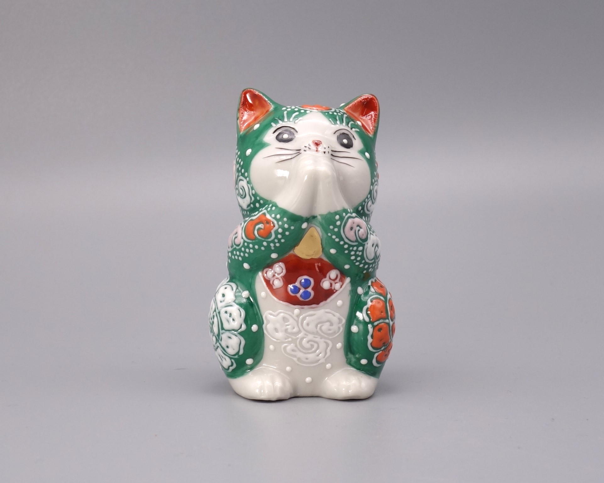 九谷焼 2.7号お祈り猫 緑盛
