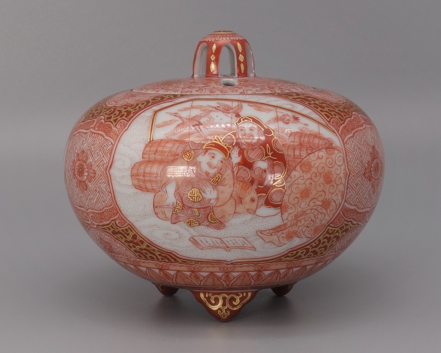 香炉（3.8号） 赤絵恵比寿大黒文 [ 福島武山 ]