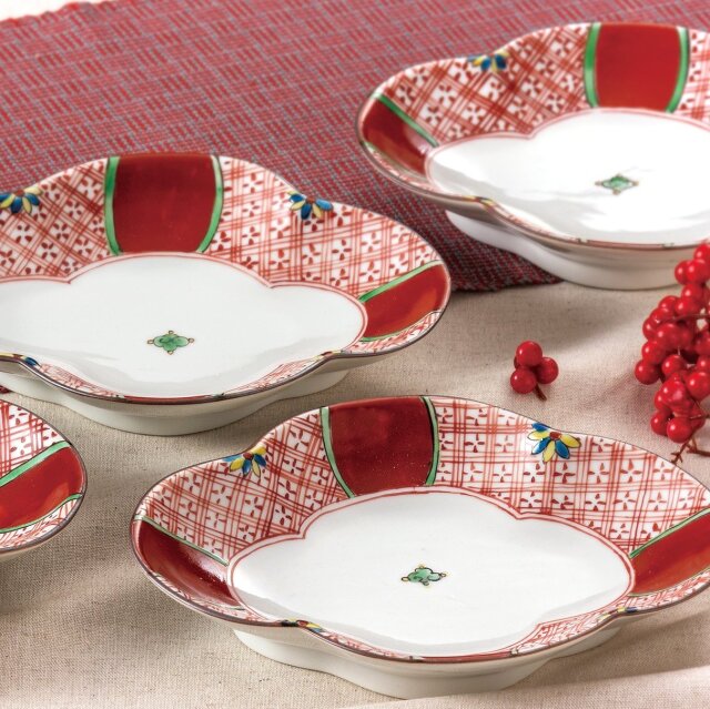 九谷焼ギフト ご贈答品 御祝い 九谷焼6号皿揃 赤絵 双鳩窯 【九谷焼