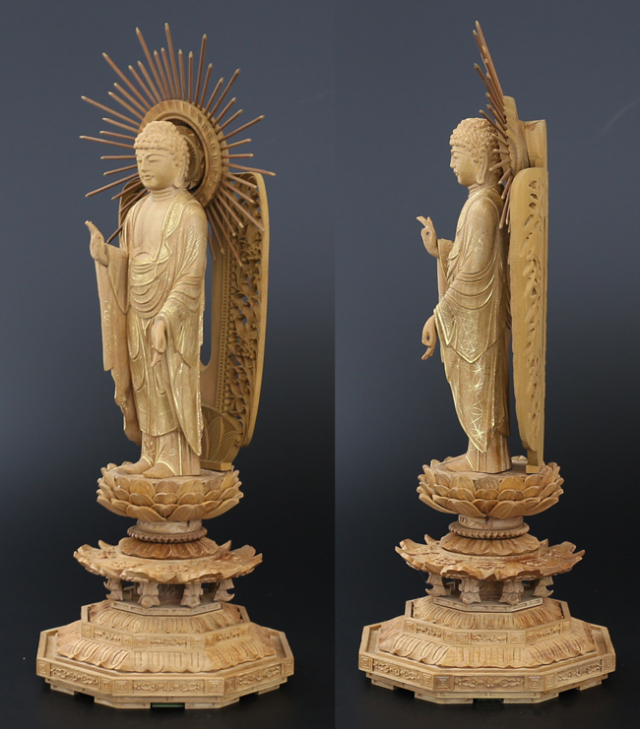 仏像 香木 八角台座 西立弥陀 金泥書 6寸