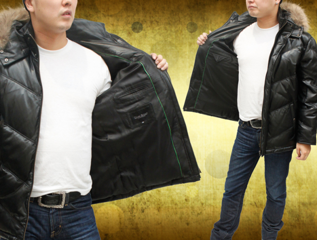 ラム革 ダウンジャケット フード付き メンズ ブラック L/ 3220