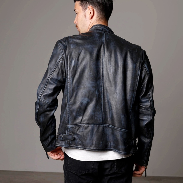 レザージャケット メンズ ダメージ風 ネイビー 紺色 本革 シングル