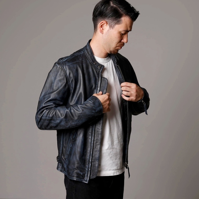 レザージャケット メンズ ダメージ風 ネイビー 紺色 本革 シングル