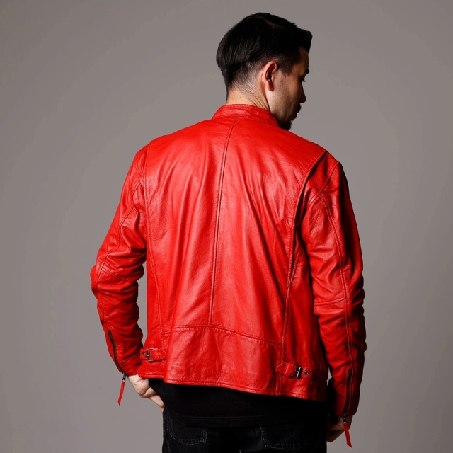 レザージャケット メンズ 本革 赤 レッド シングルライダース