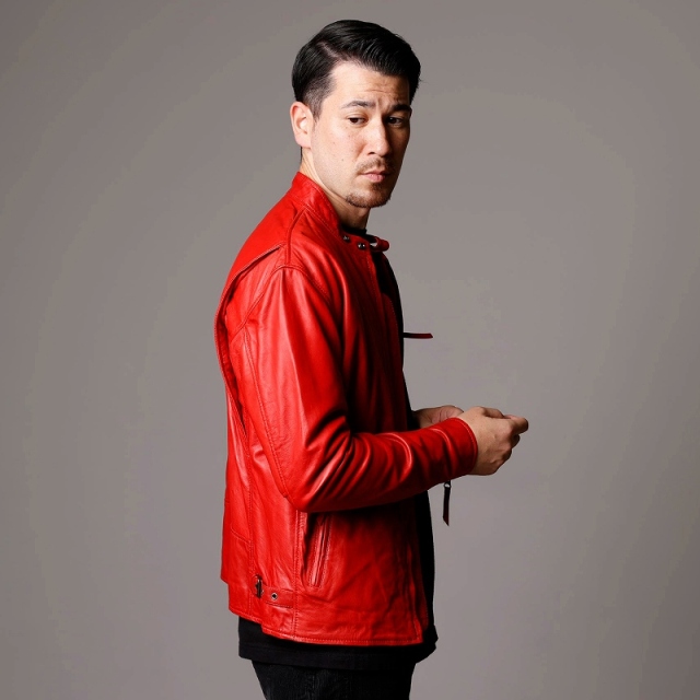 レザージャケット メンズ 本革 赤 レッド シングルライダース
