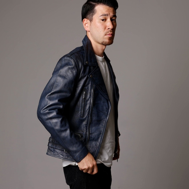 Mo-Laws ラム革 メンズ ダブルライダースジャケット UKタイプ ネイビー