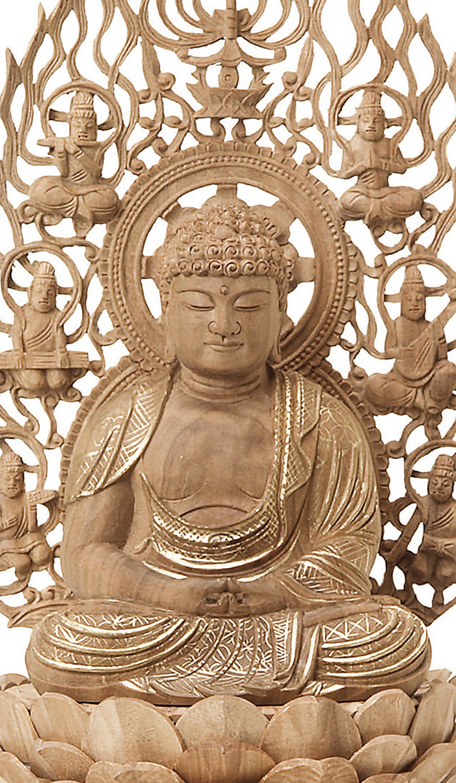 総白檀 六角台座ケマン付 座釈迦 飛天光背 金泥書 2.0寸～3.0寸 | 激安