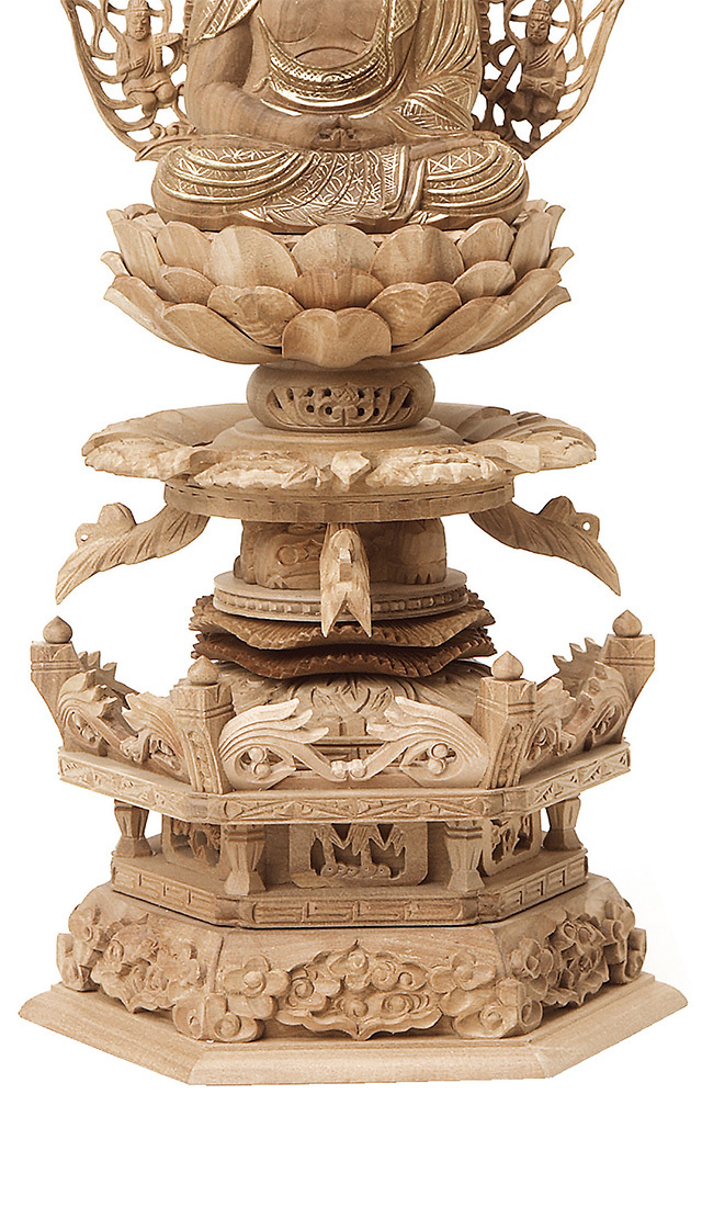 総白檀 六角台座ケマン付 座釈迦 飛天光背 金泥書 2.0寸～3.0寸 | 激安