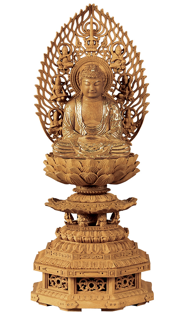 楠木 九重八角台座 座釈迦 飛天光背 玉眼入 切金付 2.0寸～3.0寸