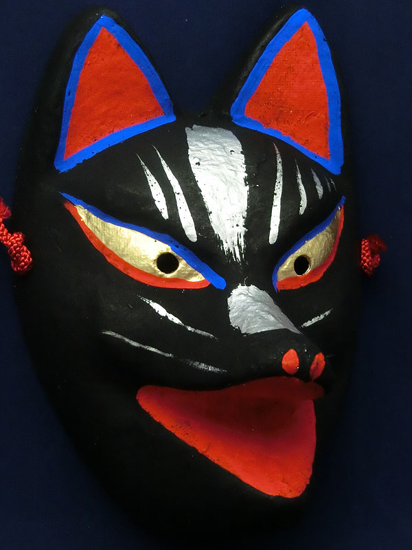 房本デザイン工芸：狐面・黒｜口開け（布張り）
