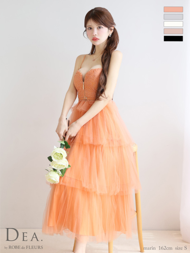 XS～Lサイズあり】レースティアードチュールフレアロングキャバドレス