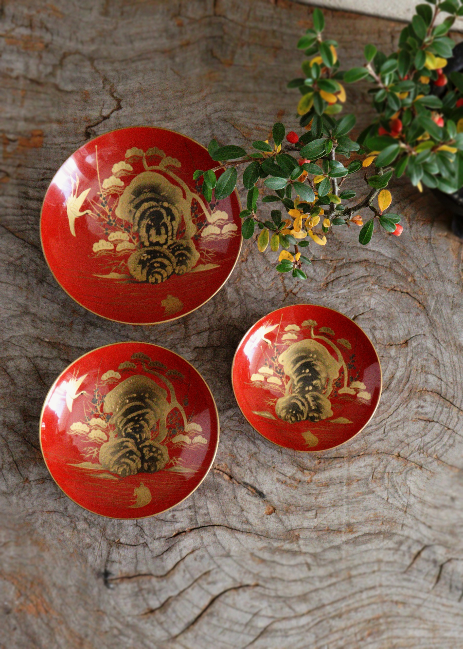 漆器盆セット 2枚 松鶴蒔絵 古美術 アンティーク 漆器盆セット 2枚 松