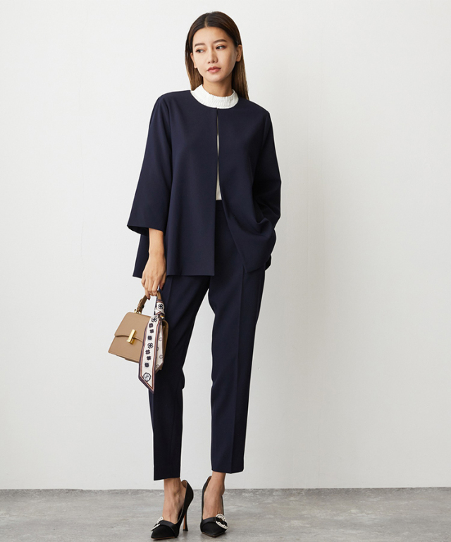 ノーカラージャケット＆テーパードパンツスーツセットアップ 【品番