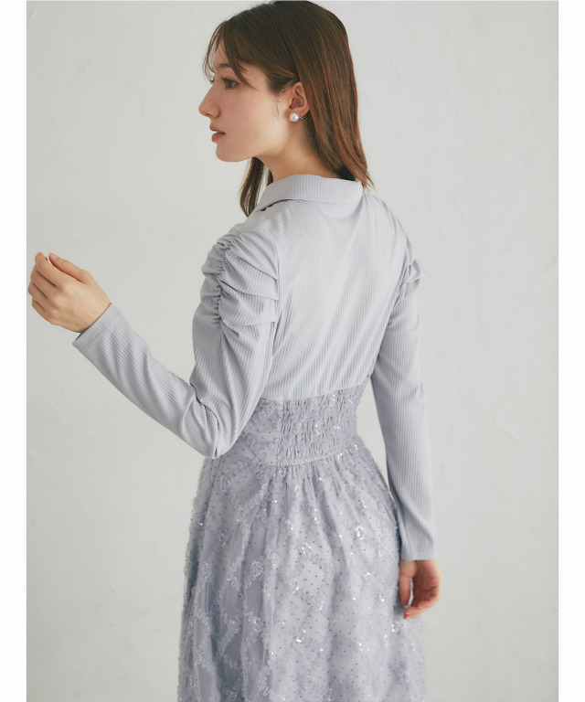 スパンコールフリルドットチュールドッキングシャツワンピース