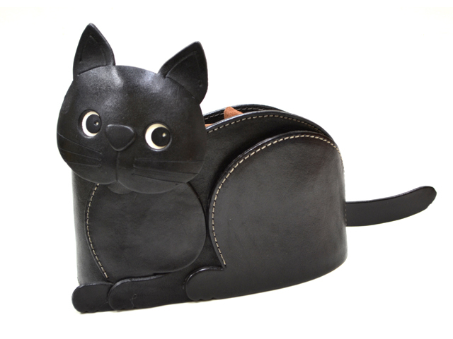 送料無料】VANCA 本革製 卓上小物入れ 黒ねこ