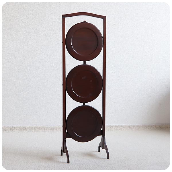 イギリス アンティーク 折りたたみケーキスタンド3段/マホガニー/飾り