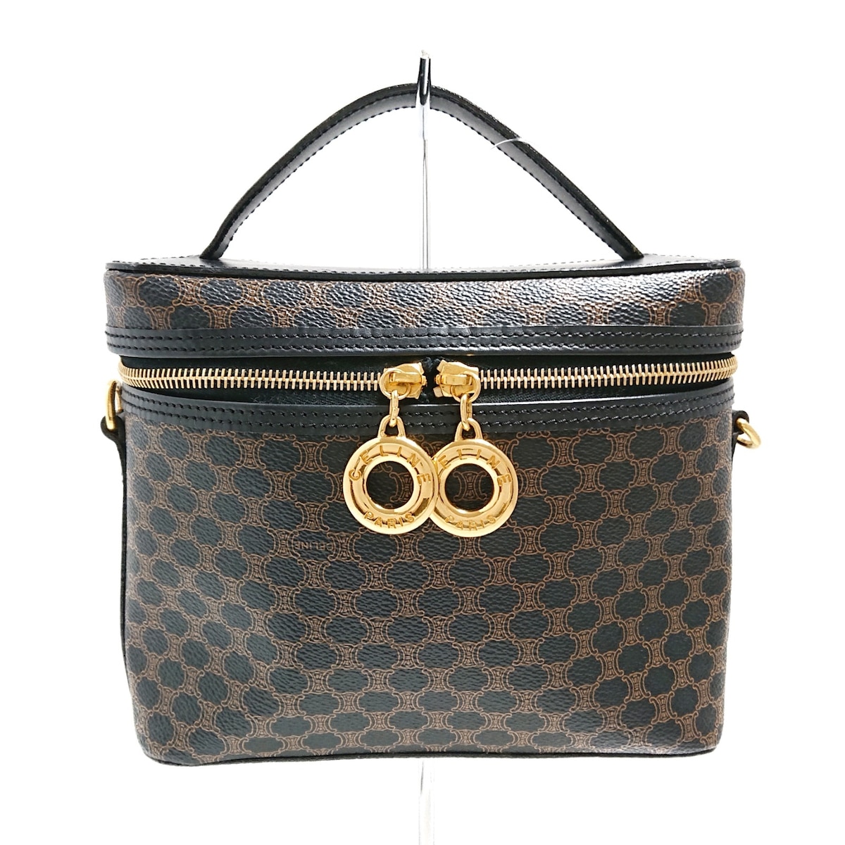 セリーヌ/バニティバッグ/マカダム柄/黒×ブラウン/PVC(塩化ビニール