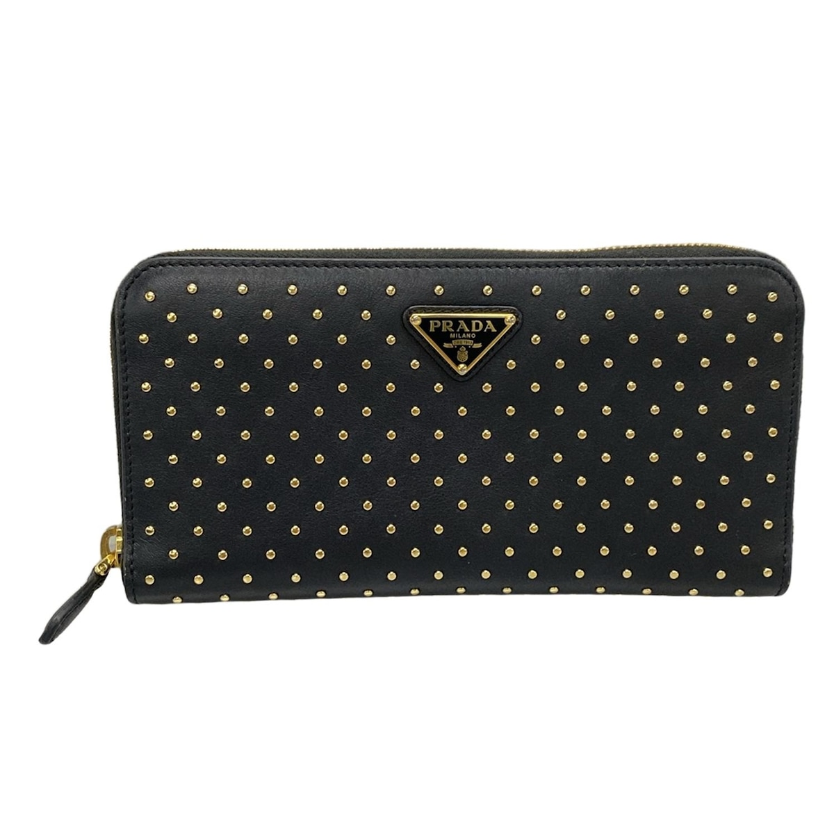 プラダ/長財布/スタッズドレザー ジップアラウンド/黒×ゴールド/型番