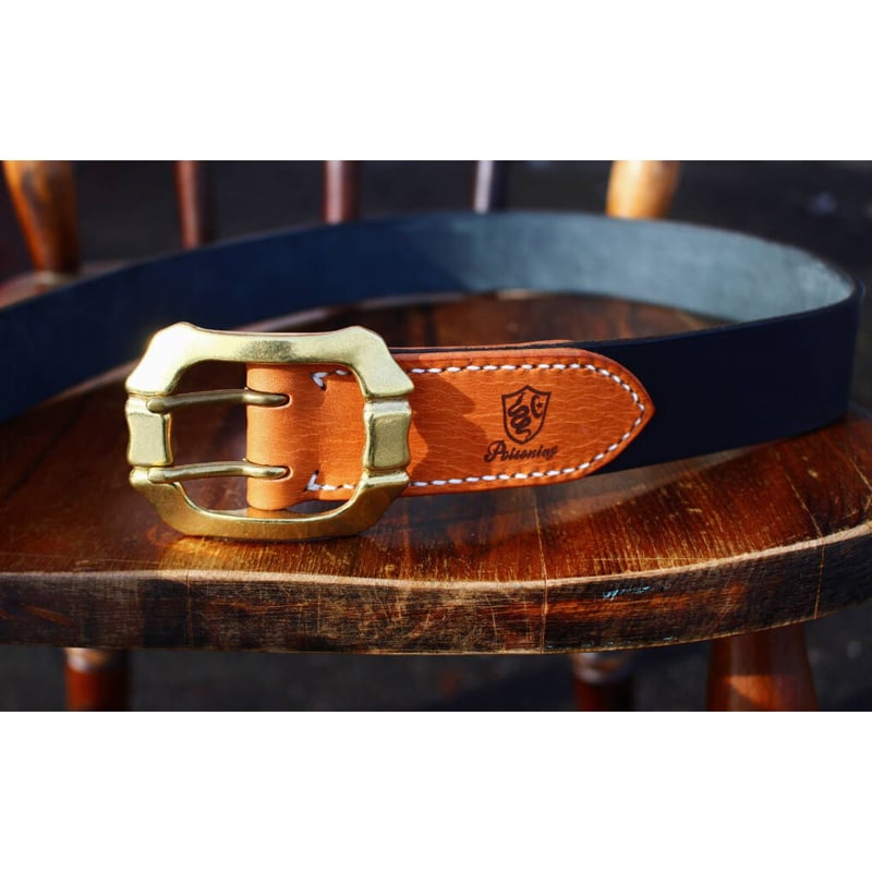 コンビネーション レザーギャリソンベルト/ブラック×タン/真鍮製